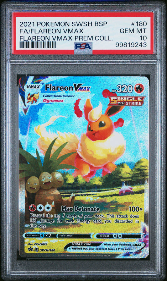 2021 Pokemon SWSH BSP Flareon Vmax Prem.Coll. 10 PSA #180