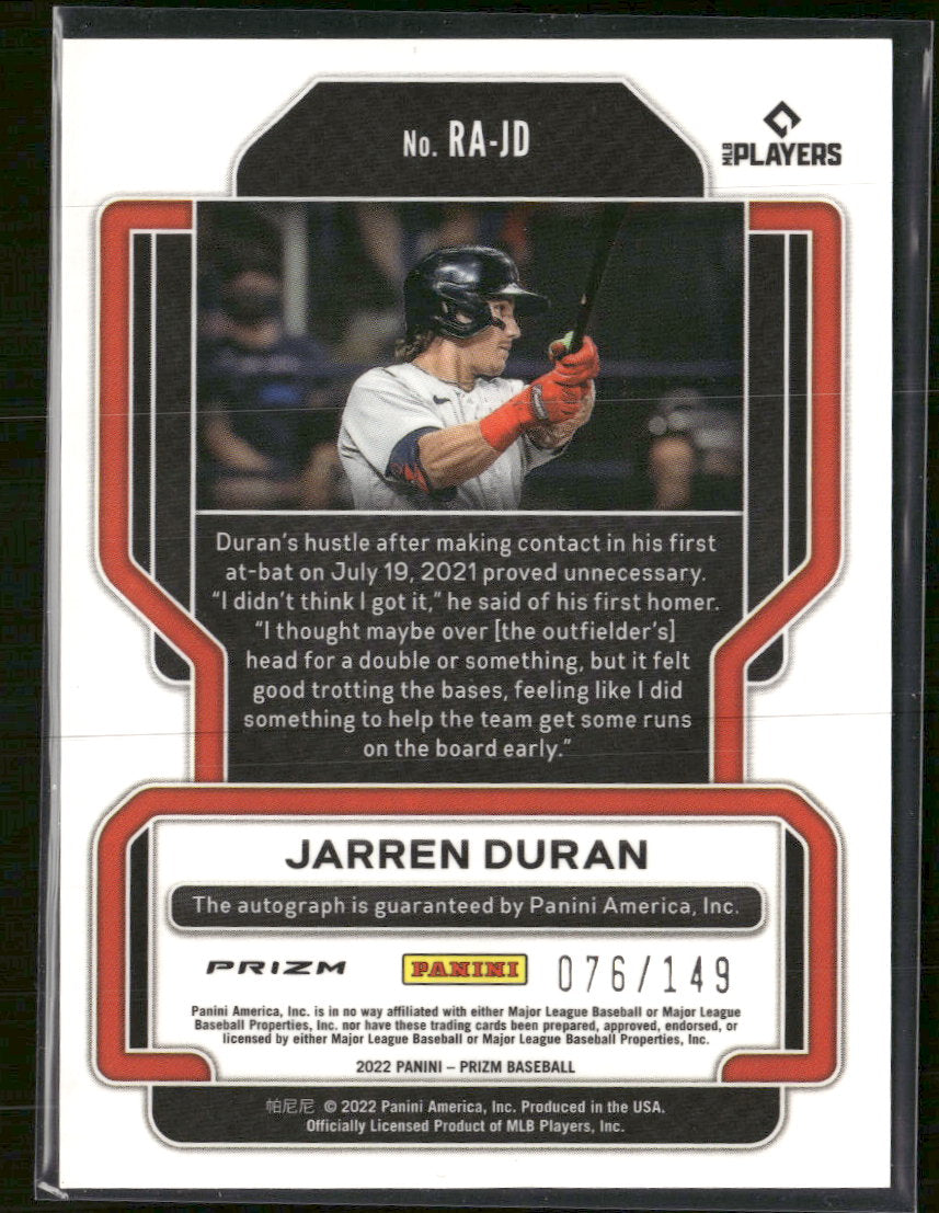 2022 Panini Prizm Rookie Autographs Blue Prizm #/149 Jarren Duran Auto #RA-JD