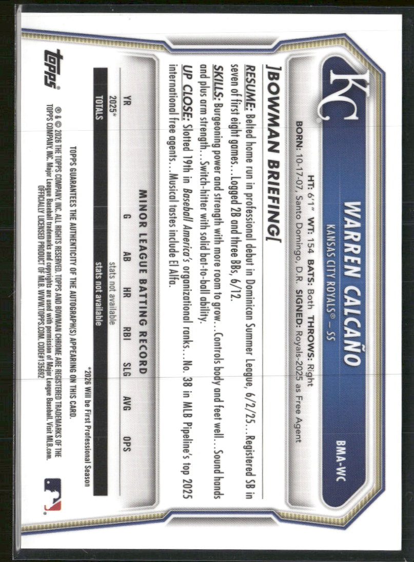 2026 Bowman Chrome Autographs Mojo Refractors Warren Calcaño Auto #BMA-WC