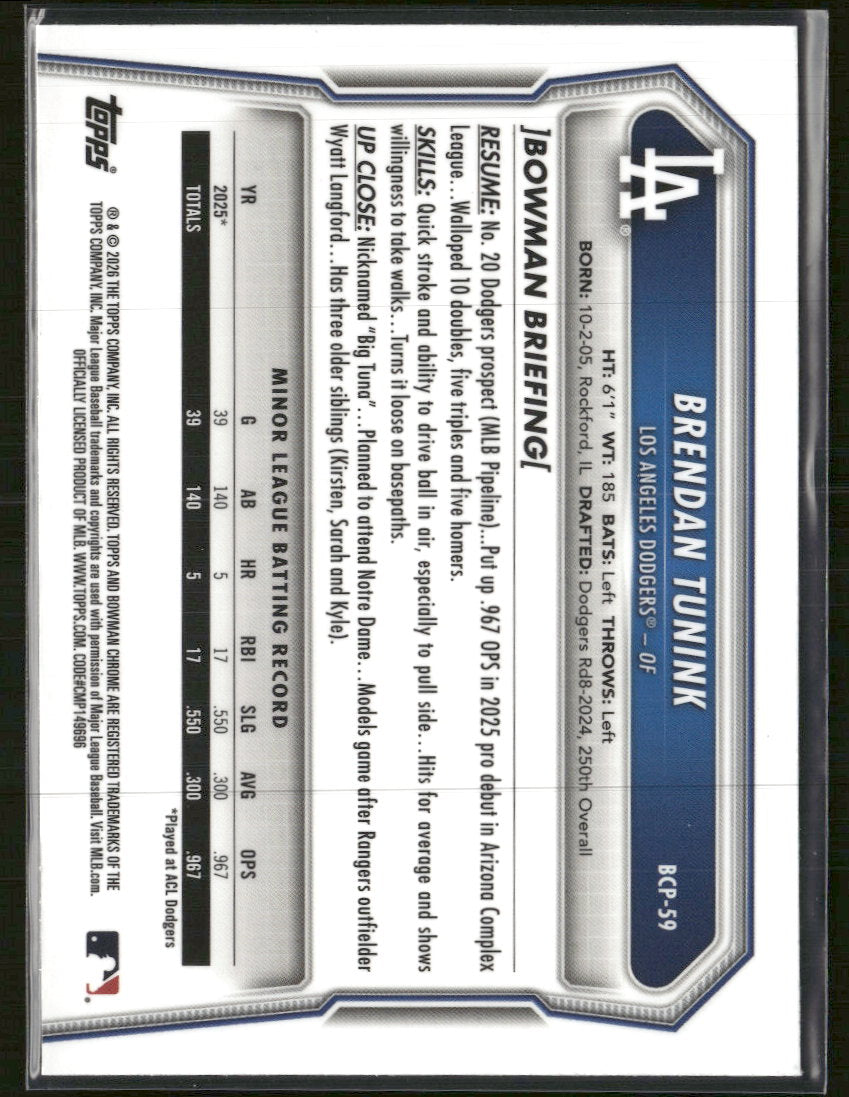 2026 Bowman Chrome Prospects Mojo Green Refractor Brendan Tunink #/99 #BCP-59