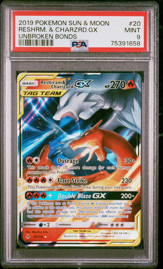 2019 Pokemon Sun & Moon Unbroken Bonds Reshrm. & Charzrd.Gx 9 PSA #20
