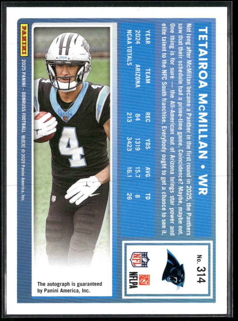 2025 Donruss Rated Rookies Autographs Green Tetairoa McMillan Rookie Auto #314