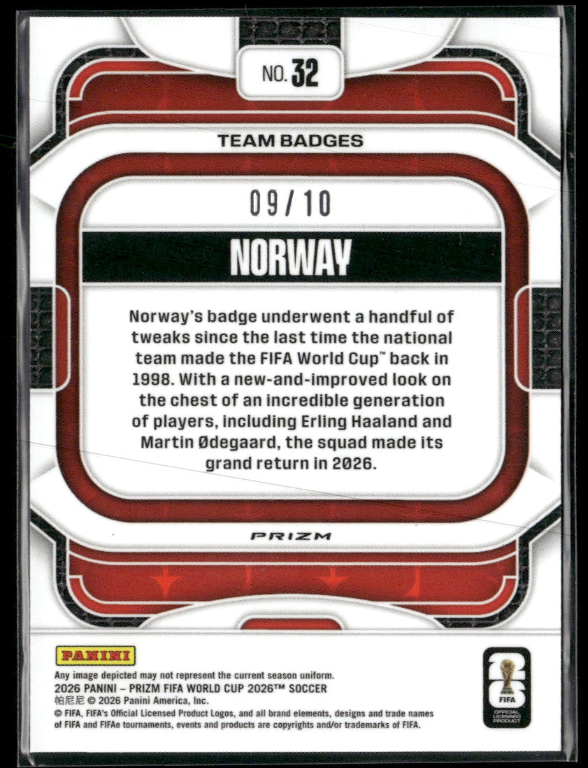 2026 Panini Prizm FIFA World Cup Team Badges Gold Prizms Norway #/10 #32