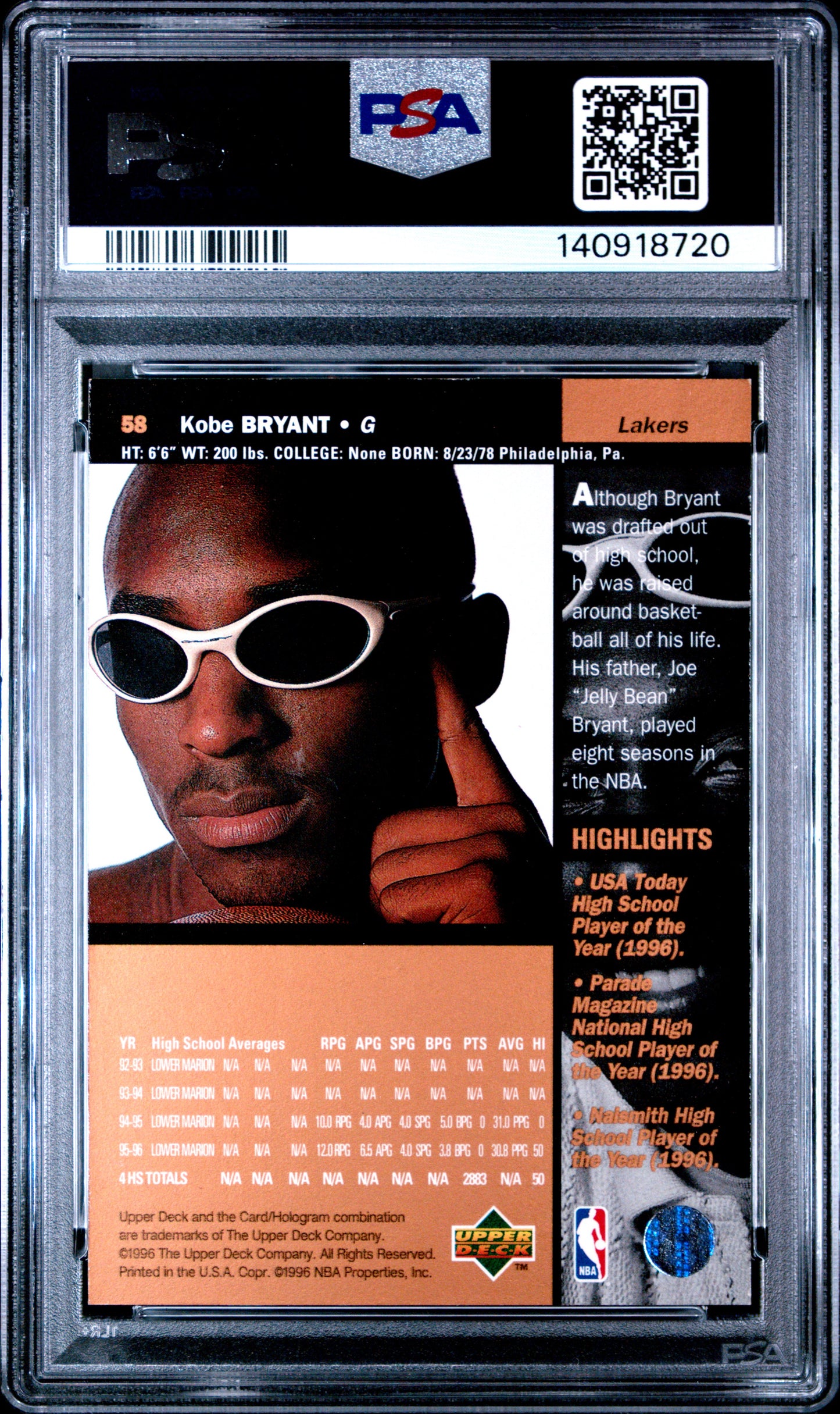 1996 Upper Deck Kobe Bryant 8 PSA #58