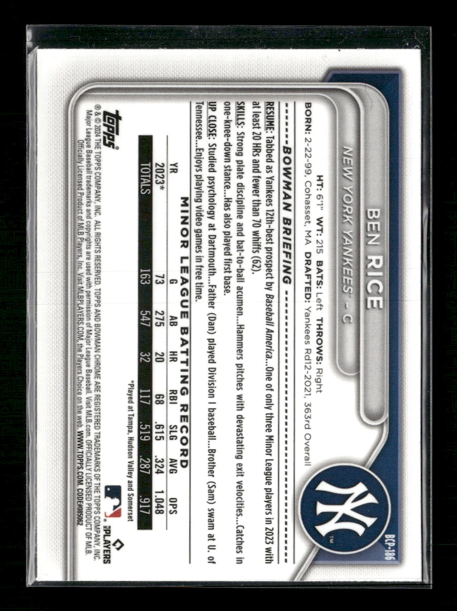 2024 Bowman Chrome Prospects Ben Rice #BCP-186