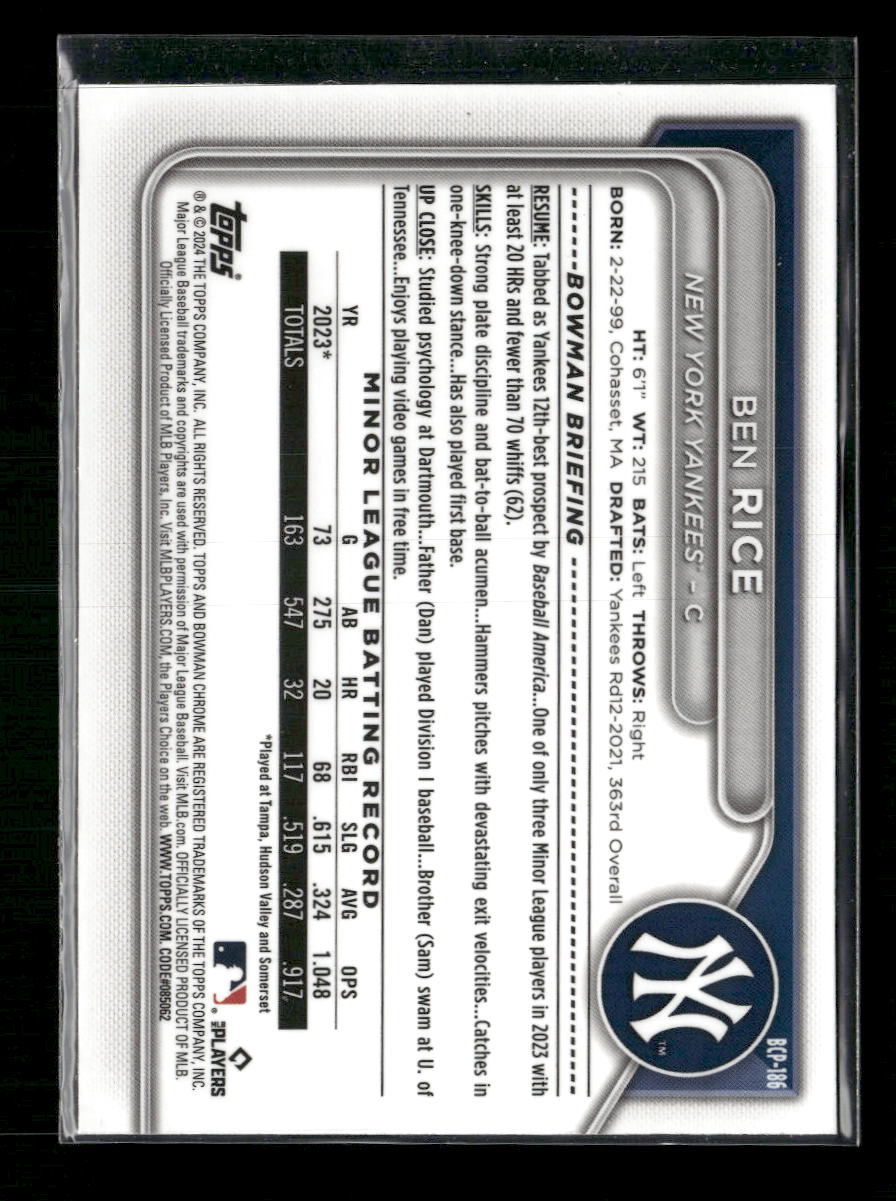 2024 Bowman Chrome Prospects Ben Rice #BCP-186