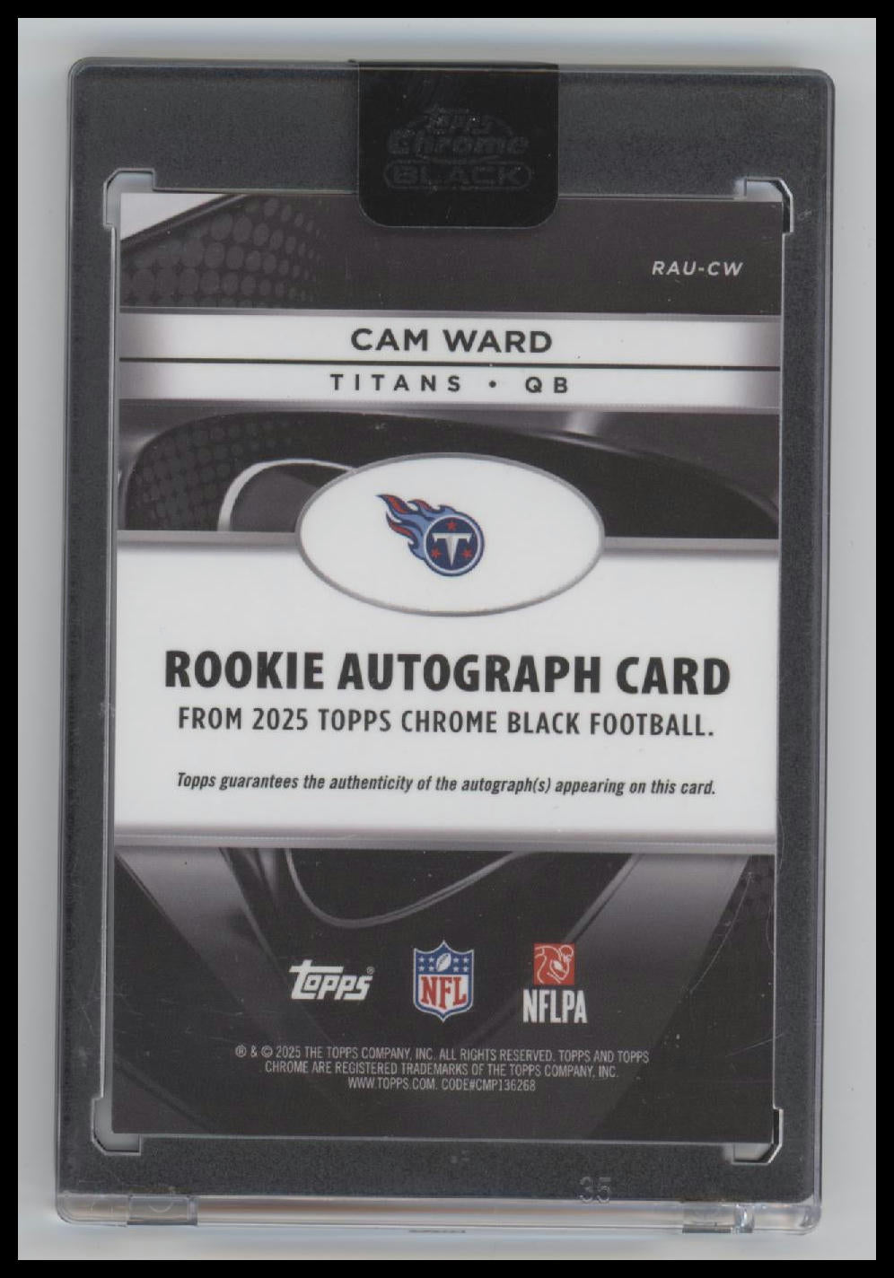 2025 Topps Chrome Black Purple Refractor Cam Ward #/75 Auto #RAU-CW (Encased)