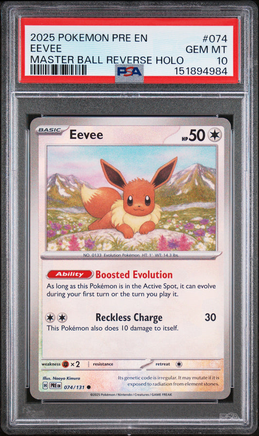 2025 Pokemon Prismatic Evolutions Master Ball Reverse Holo Eevee 10 PSA #074