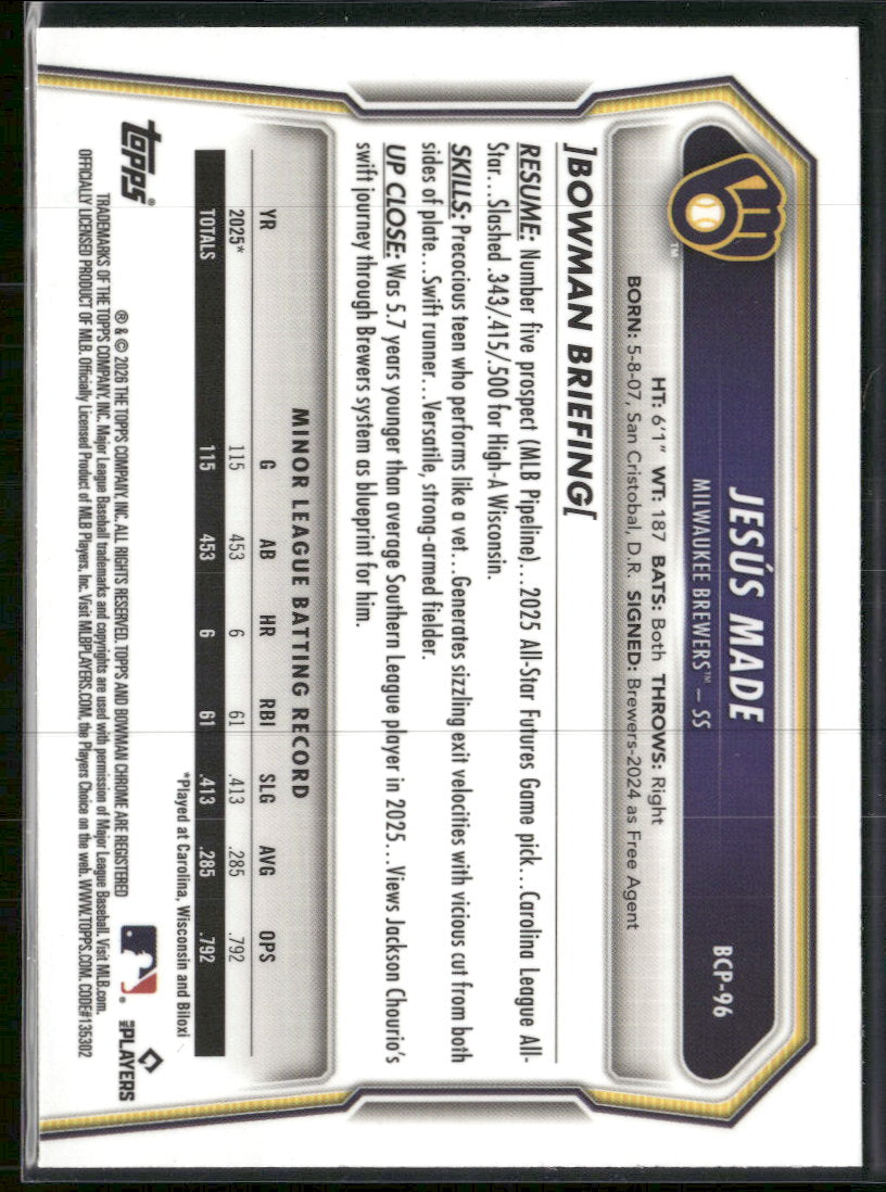 2026 Bowman Chrome Prospects Blue Shimmer Jesús Made #/150 #BCP-96