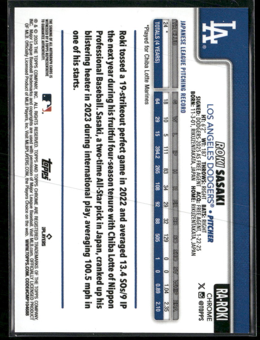 2025 Topps Chrome Rookie Autographs Roki Sasaki Auto #RA-ROKI