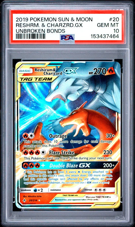 2019 Pokemon Sun & Moon Unbroken Bonds Reshiram & Charizard Gx 10 PSA #20