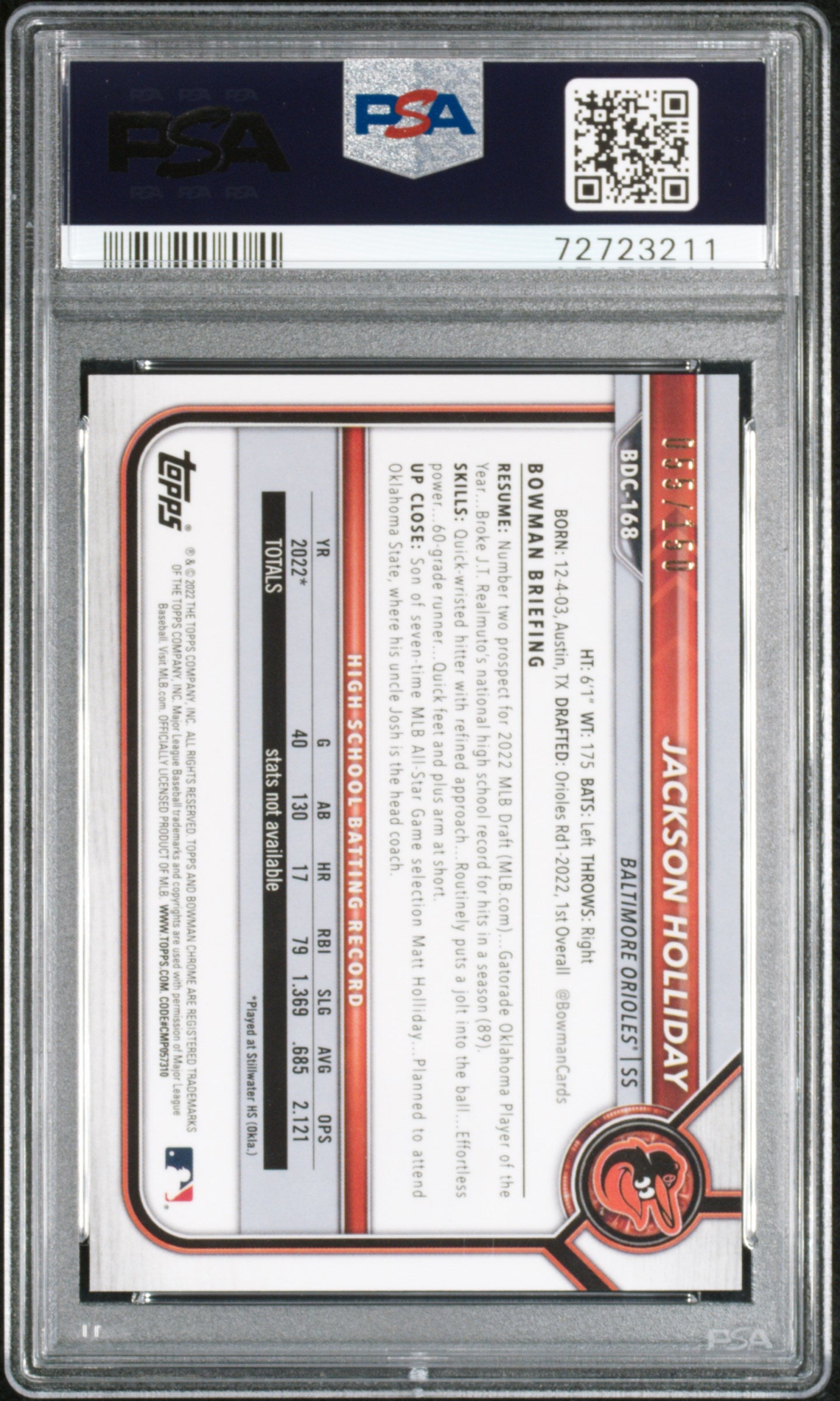2022 Bowman Draft Chrome-Blue Refractor Jackson Holliday 9 PSA #BDC168