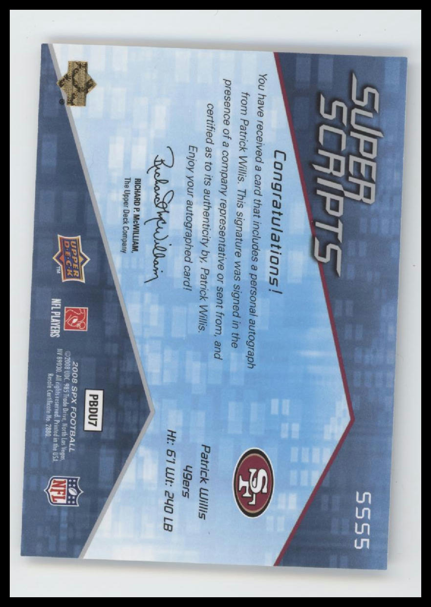 2008 Upper Deck SPX Super Scripts Auto Patrick Willis #SSSS