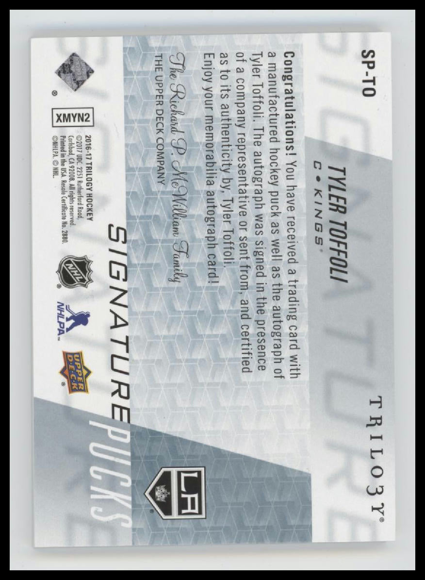 2016-17 Upper Deck Trilogy Signature Pucks Tyler Toffoli Auto #SP-TO
