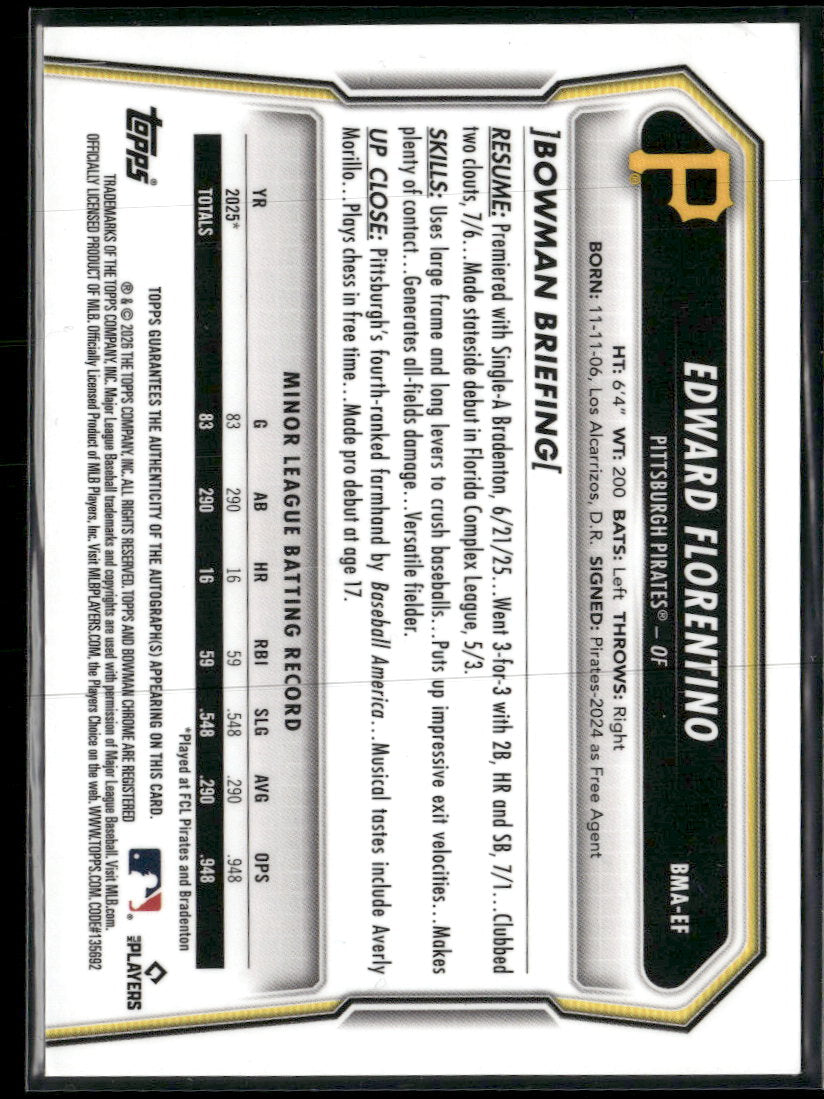 2026 B. Chrome Auto Rose Gold Mojo Refractors # 1/1 Edward Florentino #BMA-EF