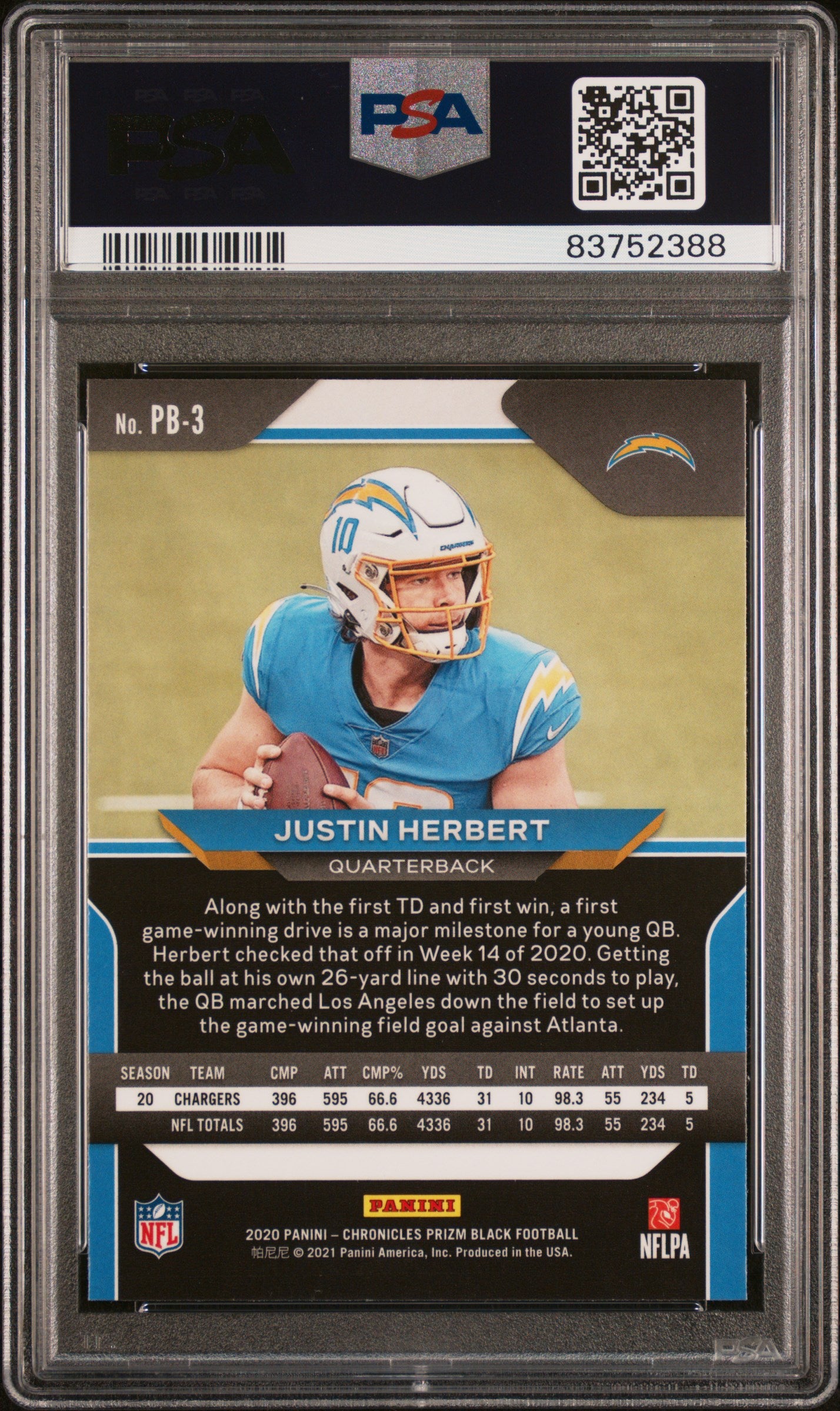 2020 Panini Chronicles Prizm Black Prizm Black Justin Herbert 9 PSA #PB3