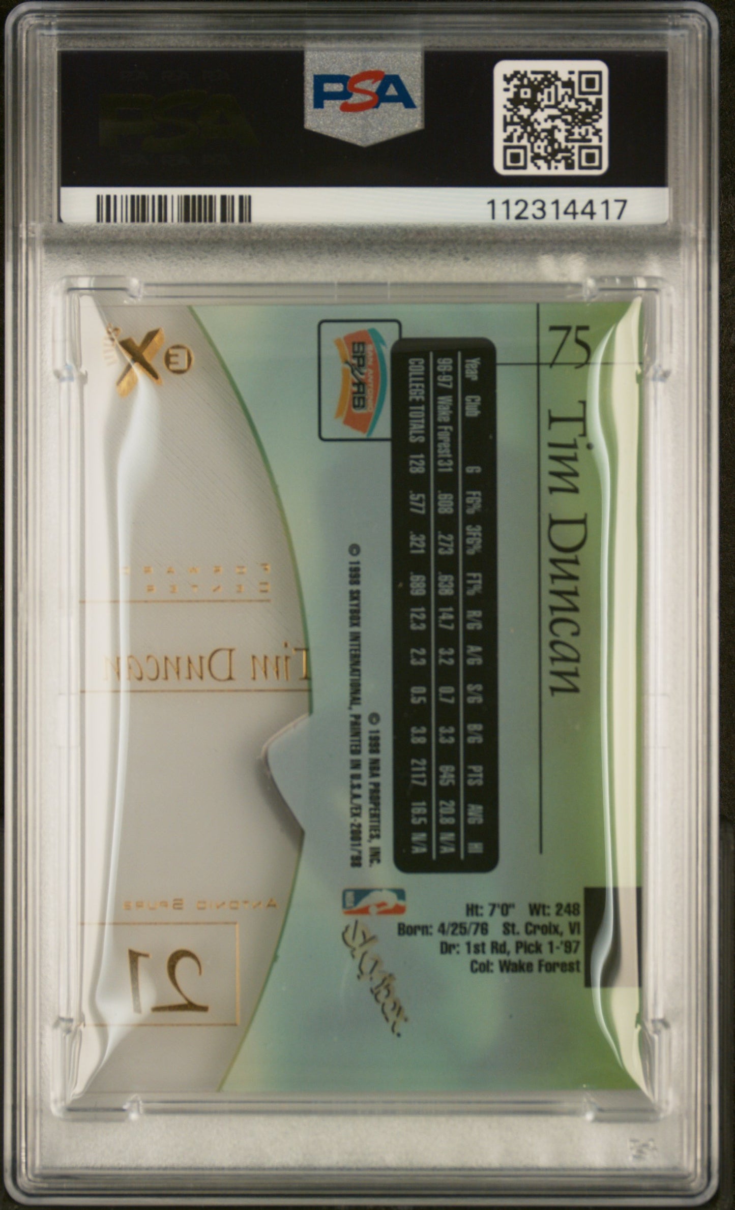 1997 Skybox E-X2001 Tim Duncan 9 PSA #75