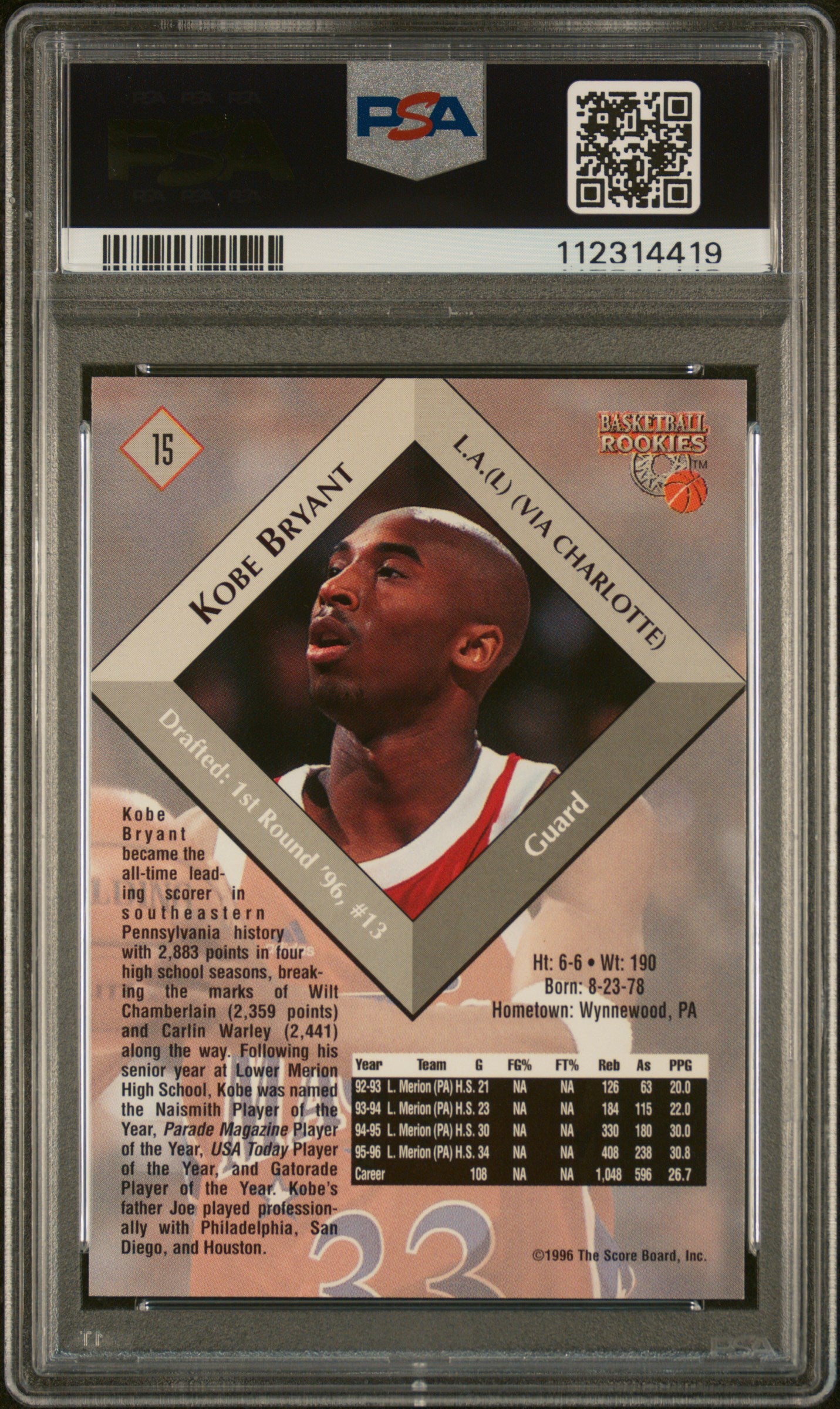 1996 Score Board Basketball Rookies Basketball Rookies Kobe Bryant 9 PSA #15
