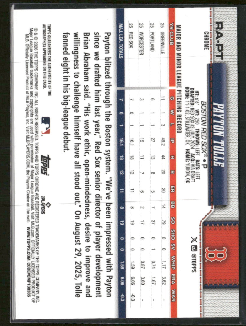 2026 Topps Chrome Rookie Autographs Payton Tolle Auto #RA-PT