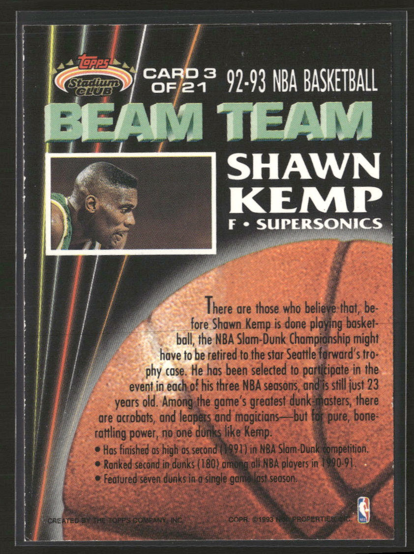 1992-93 Stadium Club Beam Team Members Only Shawn Kemp #3