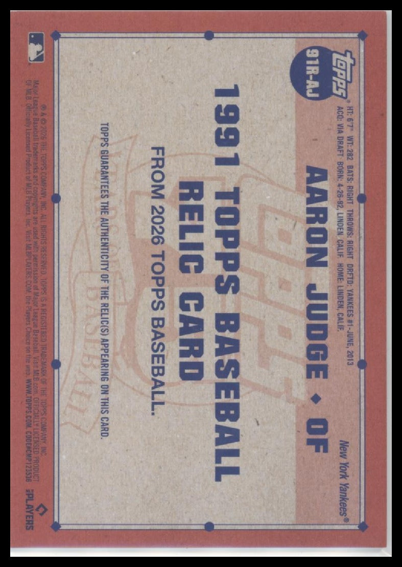 2026 Topps 1991 Topps Baseball 35th Anniversary Relics (Series One) Aaron Judge