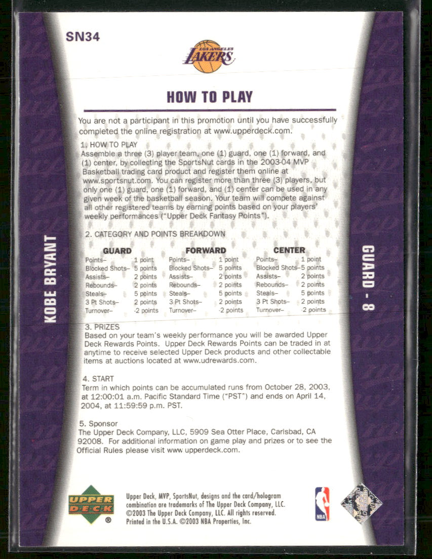 2003-04 Upper Deck MVP Sportsnut Fantasy Kobe Bryant #SN34