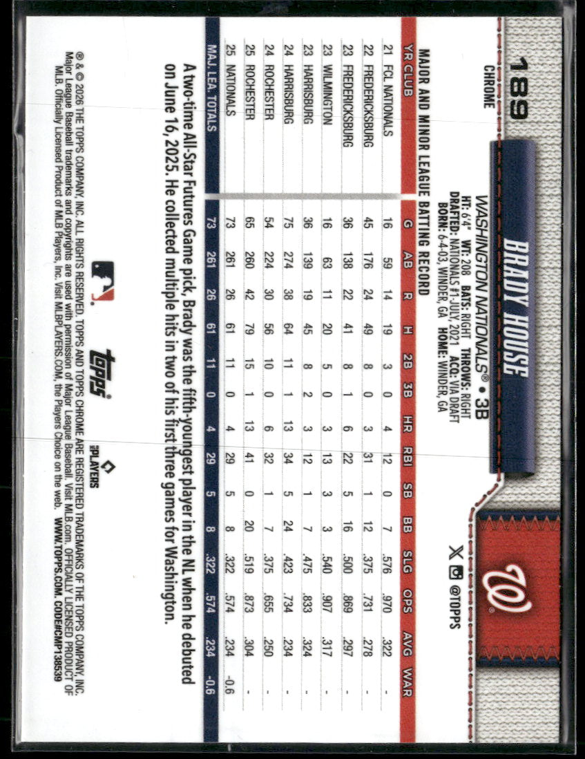 2026 Topps Chrome Green Refractors Brady House Rookie #/99 #189 Damaged
