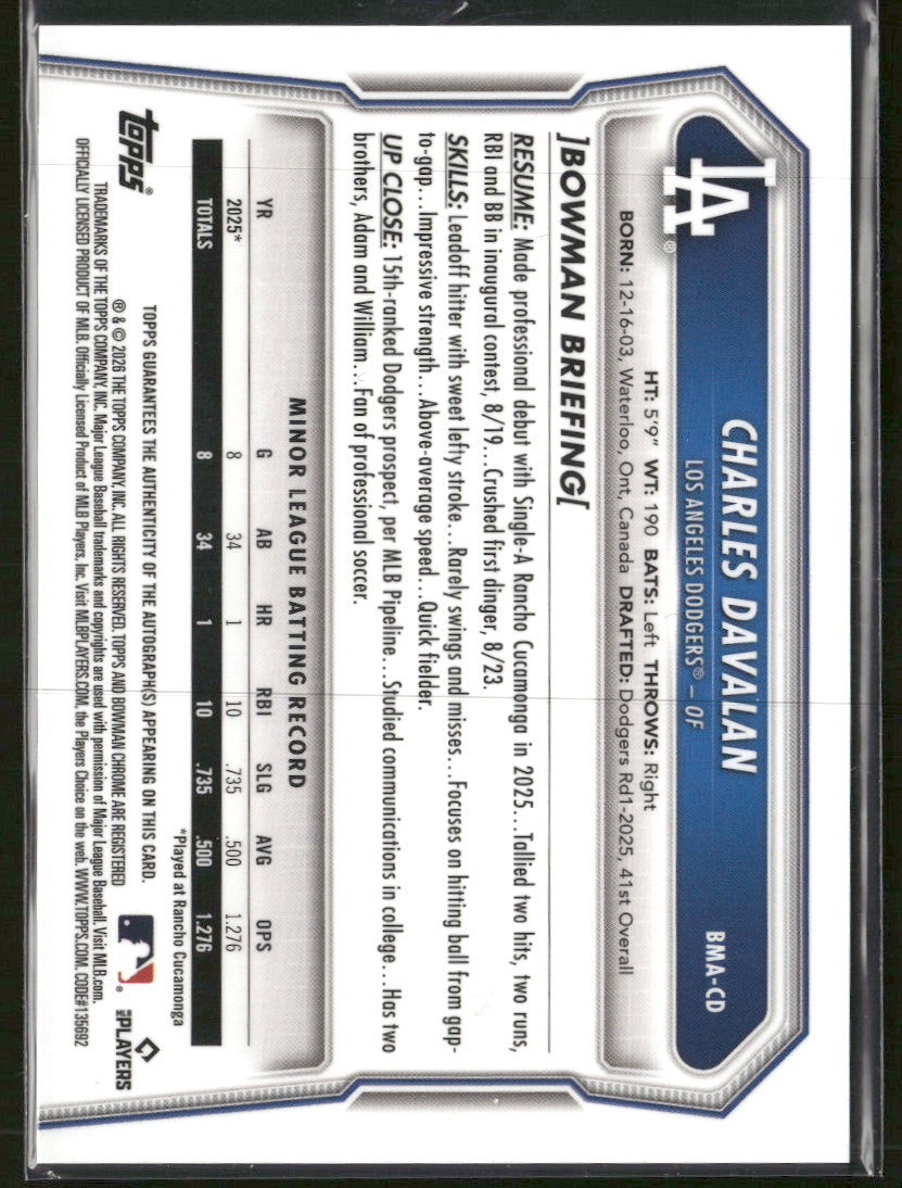 2025 Bowman Draft Chrome Prospect AU Mojo Refractor Charles Davalan Auto