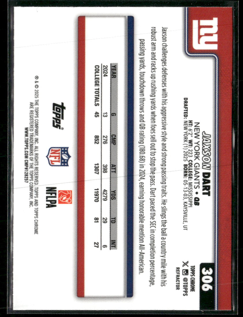 2025 Topps Chrome Refractor Jaxson Dart Rookie #306
