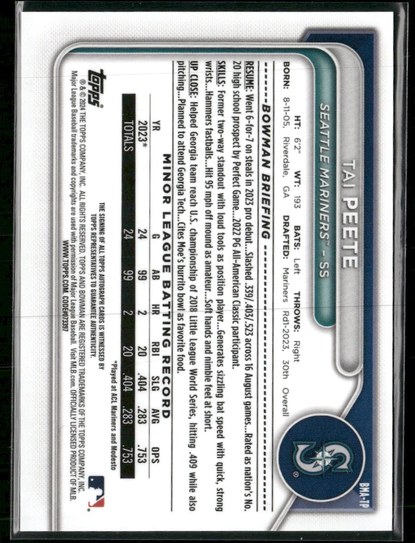 2024 Bowman Chrome Prospect AU Mojo Purple Refractors Tai Peete #/199 Auto