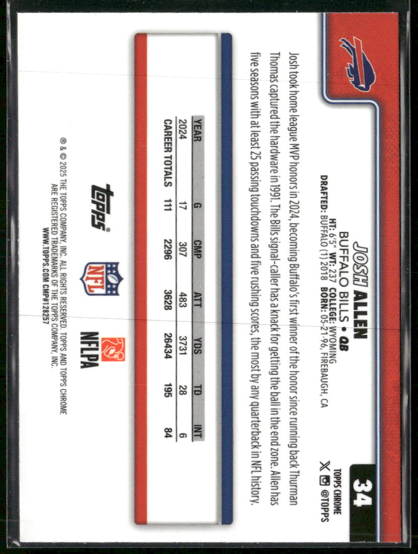 2025 Topps Chrome Pink Refractor Josh Allen #/250 #34