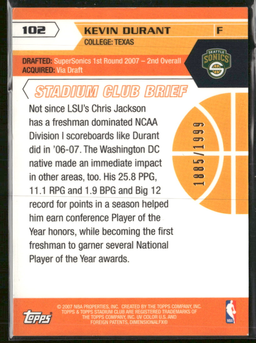 2007-08 Stadium Club Kevin Durant Rookie #/1999 #102