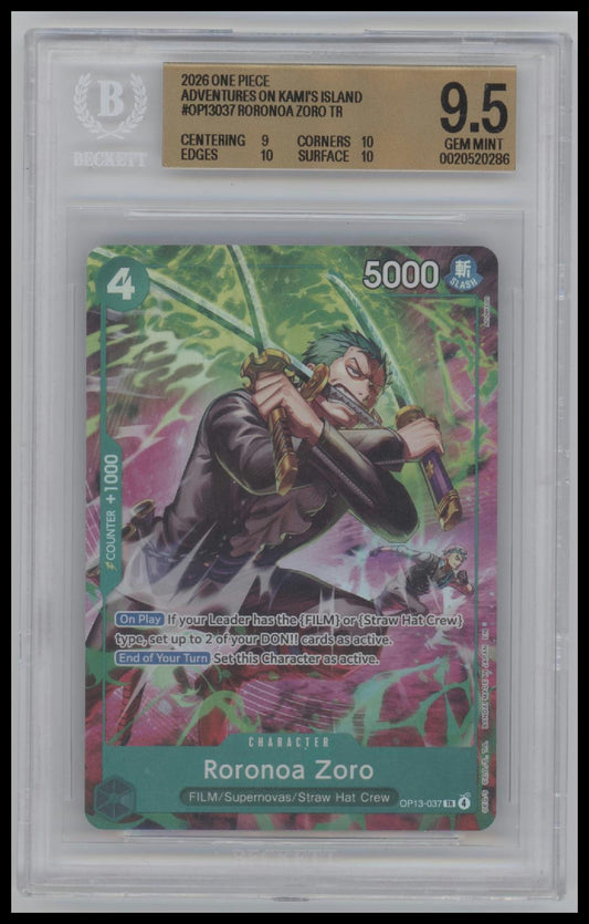 2026 One Piece Adventures on KAMI's Island Roronoa Zoro TR 9.5 BGS #OP13-037