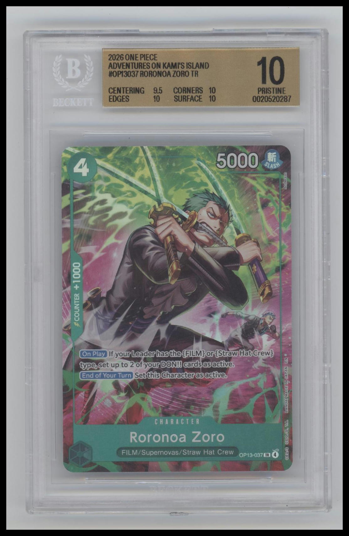 2026 One Piece Adventures on KAMI's Island Roronoa Zoro TR 10 BGS #OP13-037