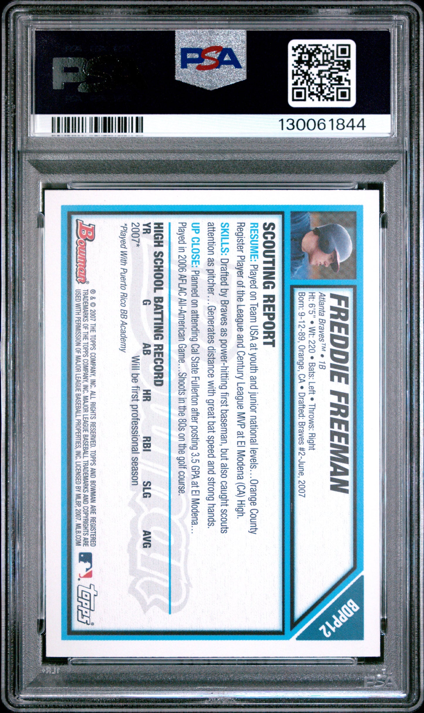2007 Bowman Draft Picks & Prospect Freddie Freeman 8 PSA #BDPP12