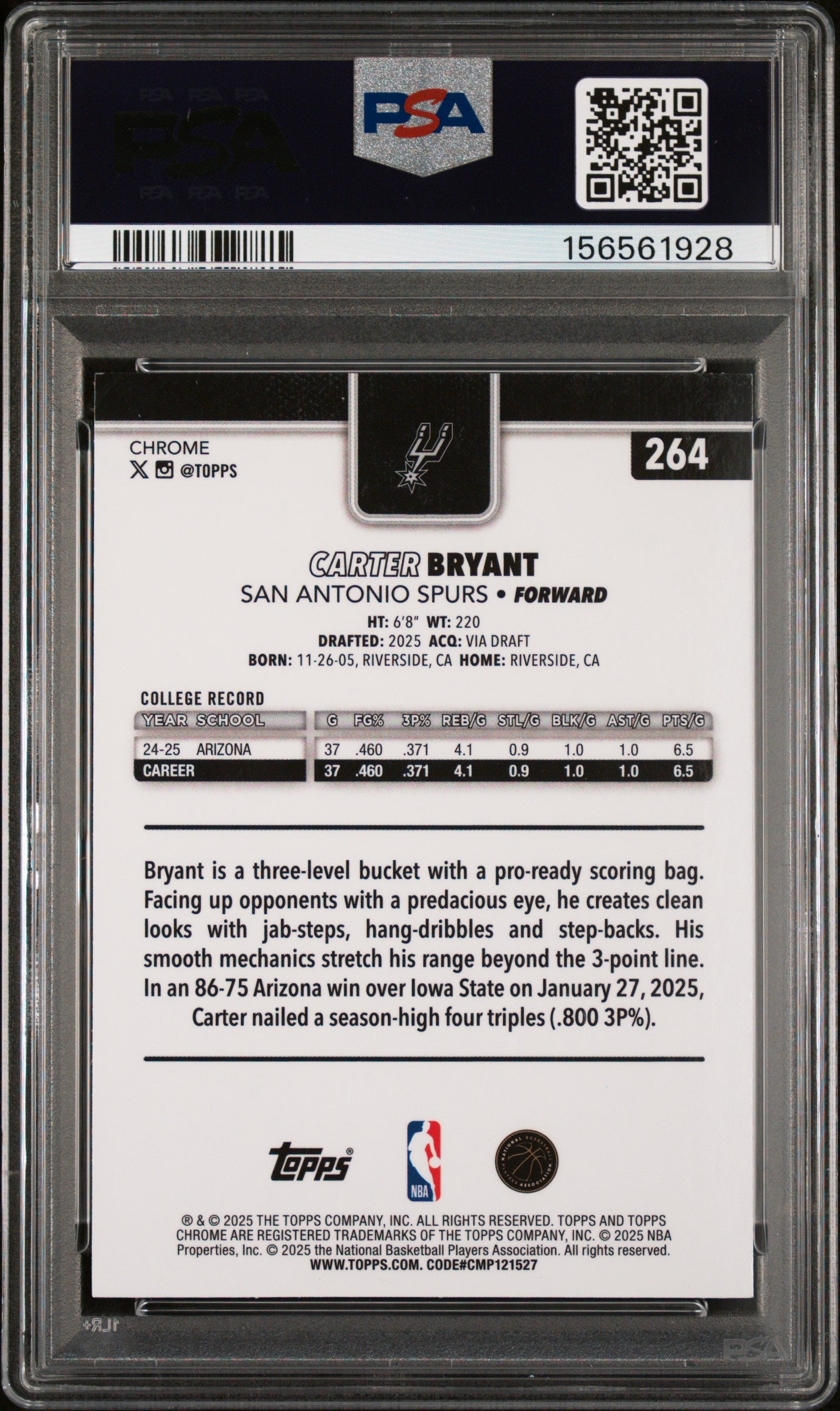 2025 Topps Chrome Sapphire Edition Purple Carter Bryant 9 PSA #264