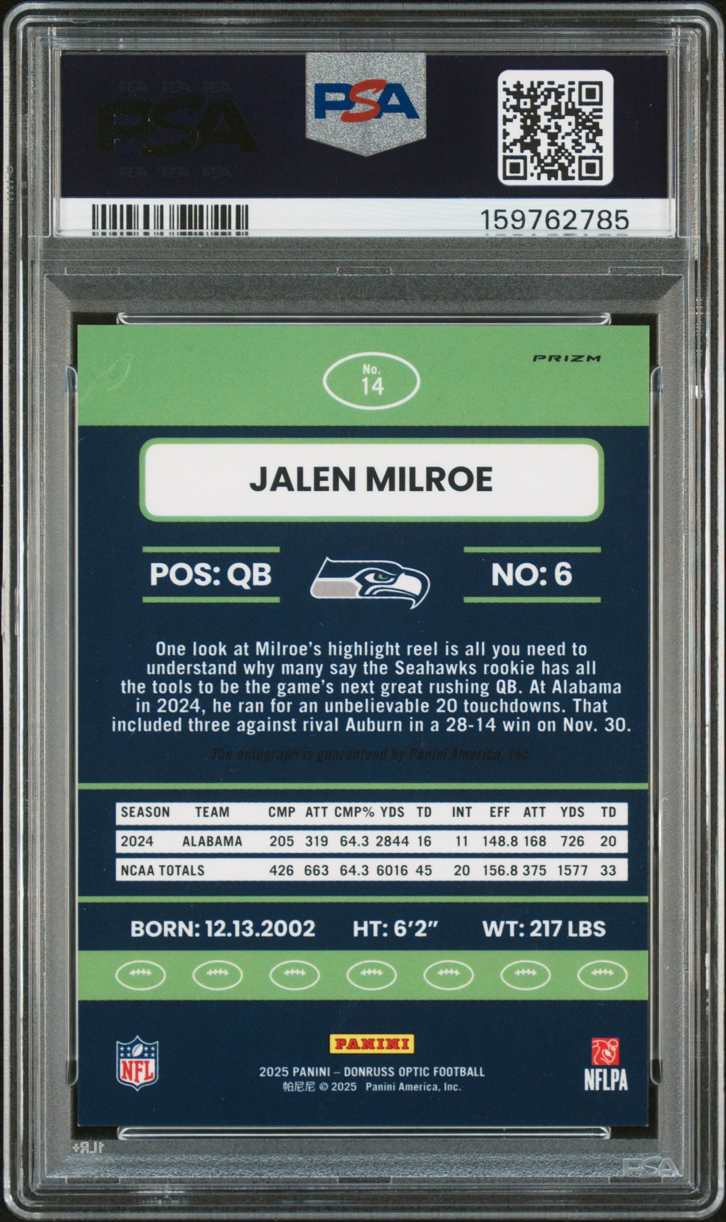 2025 Panini Donruss Opti 2015 Retro Autograph Jalen Milroe 9 Auto PSA #14