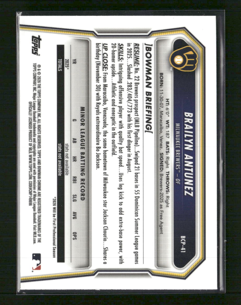 2026 Bowman Chrome Mojo Neon Green Refractor Brailyn Antunez #/399 #BCP-41