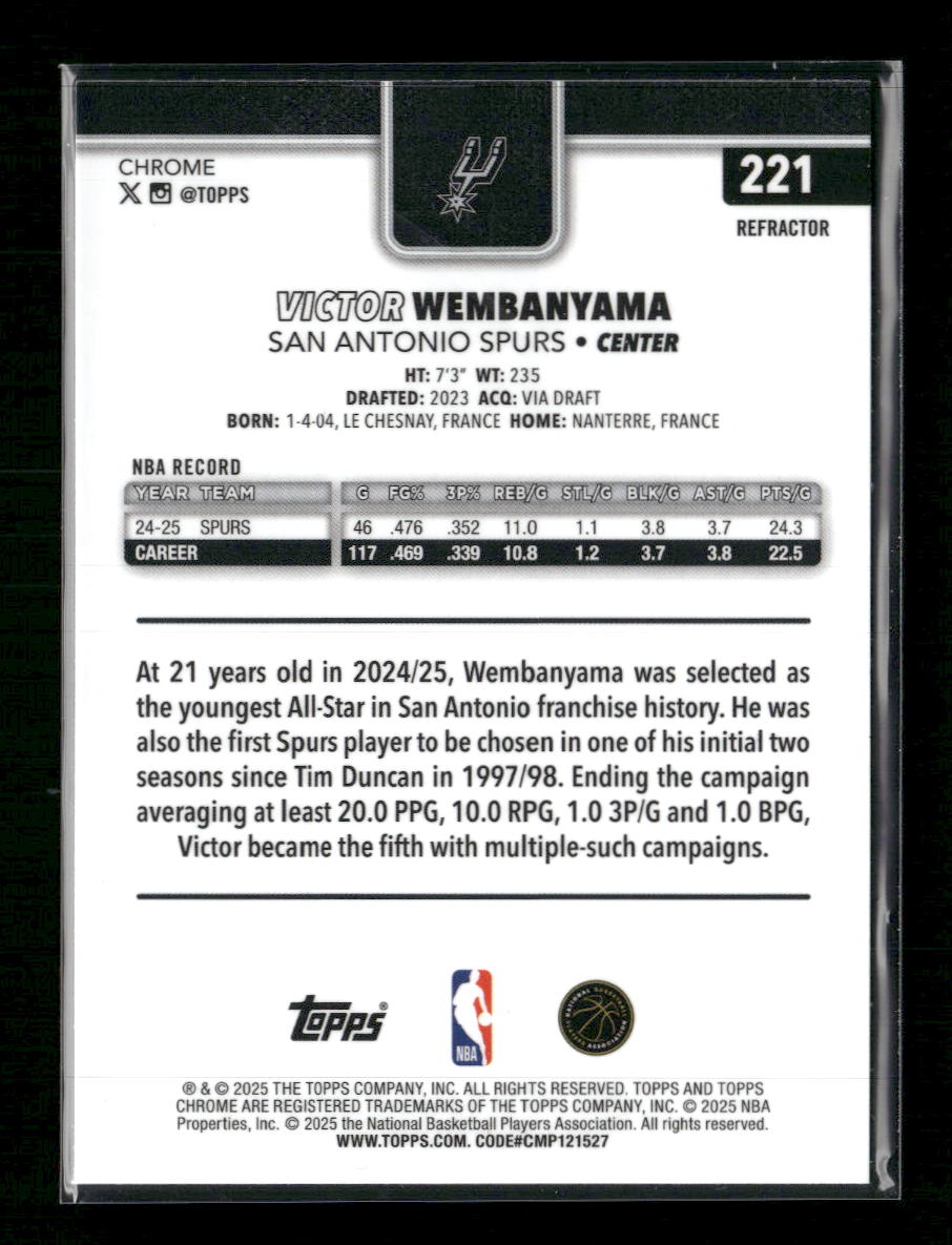 2025-26 Topps Chrome Refractor Victor Wembanyama #221