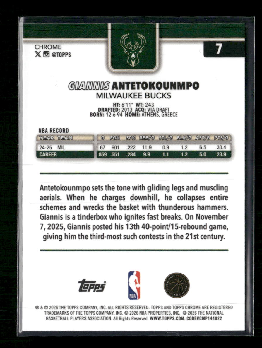 2025-26 Topps Chrome Blue Raywave #/150 Giannis Antekoumpo #7