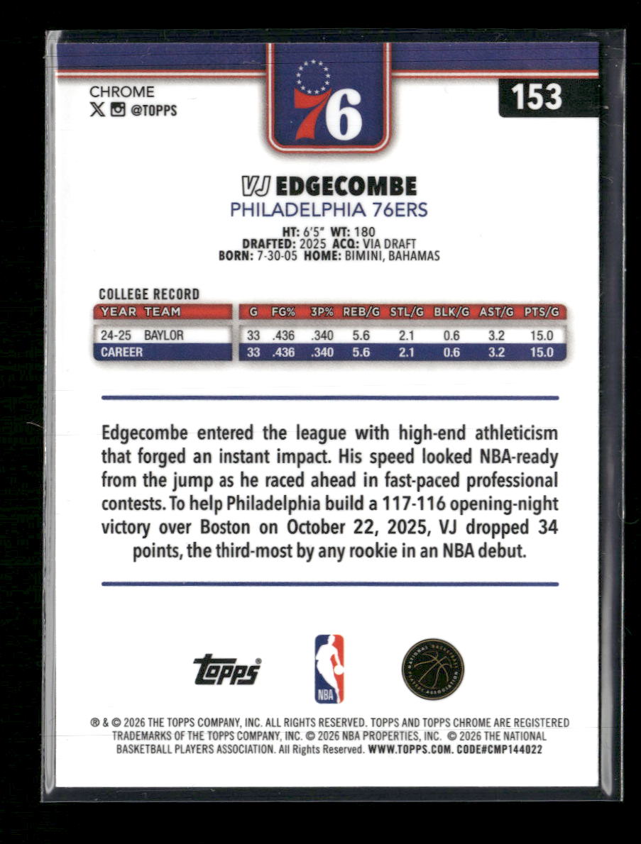 2025-26 Topps Chrome Update X-Fractor VJ Edgecombe Rookie #153