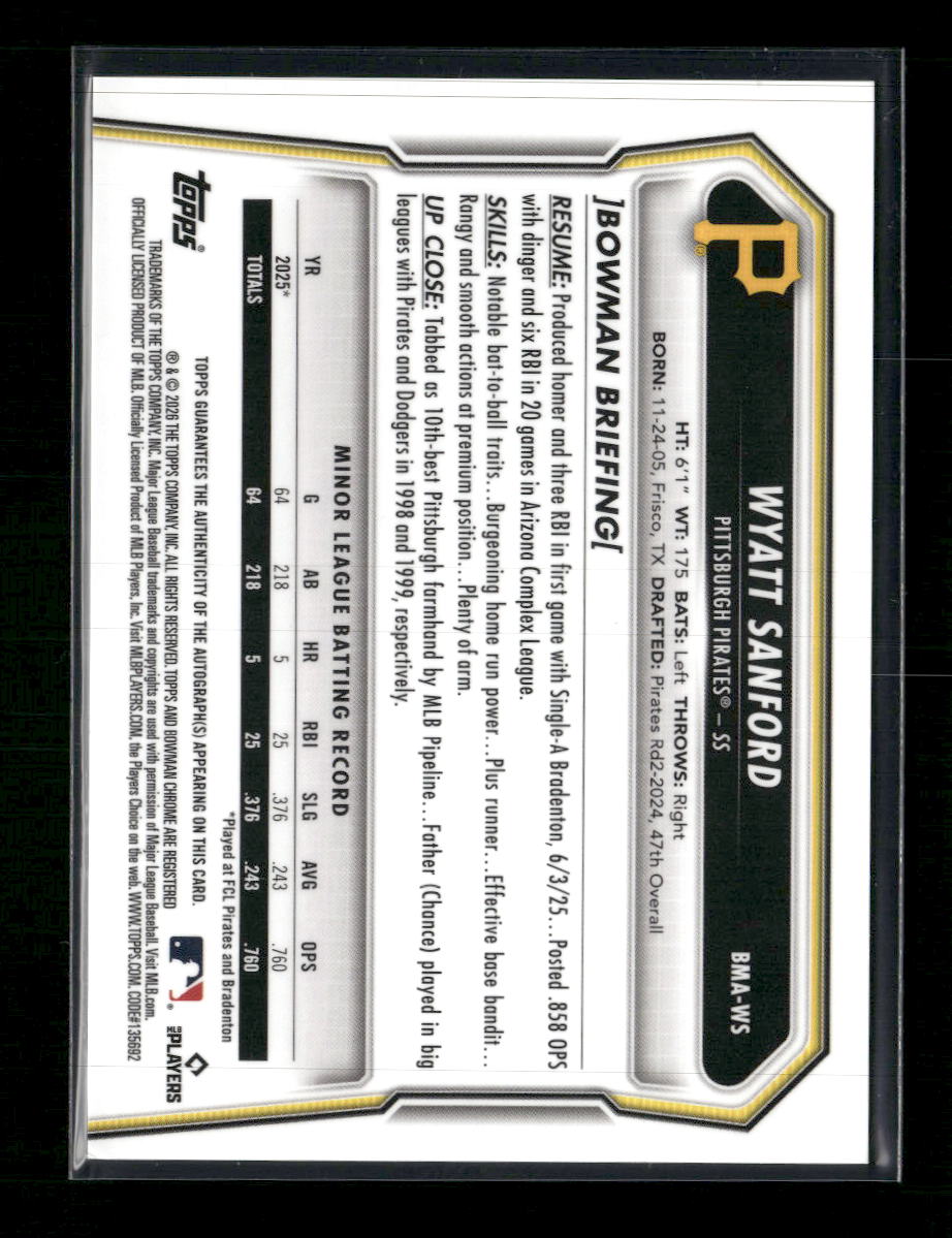 2026 Bowman Chrome Green Mojo Refractors Wyatt Sanford Auto #BMA-WS