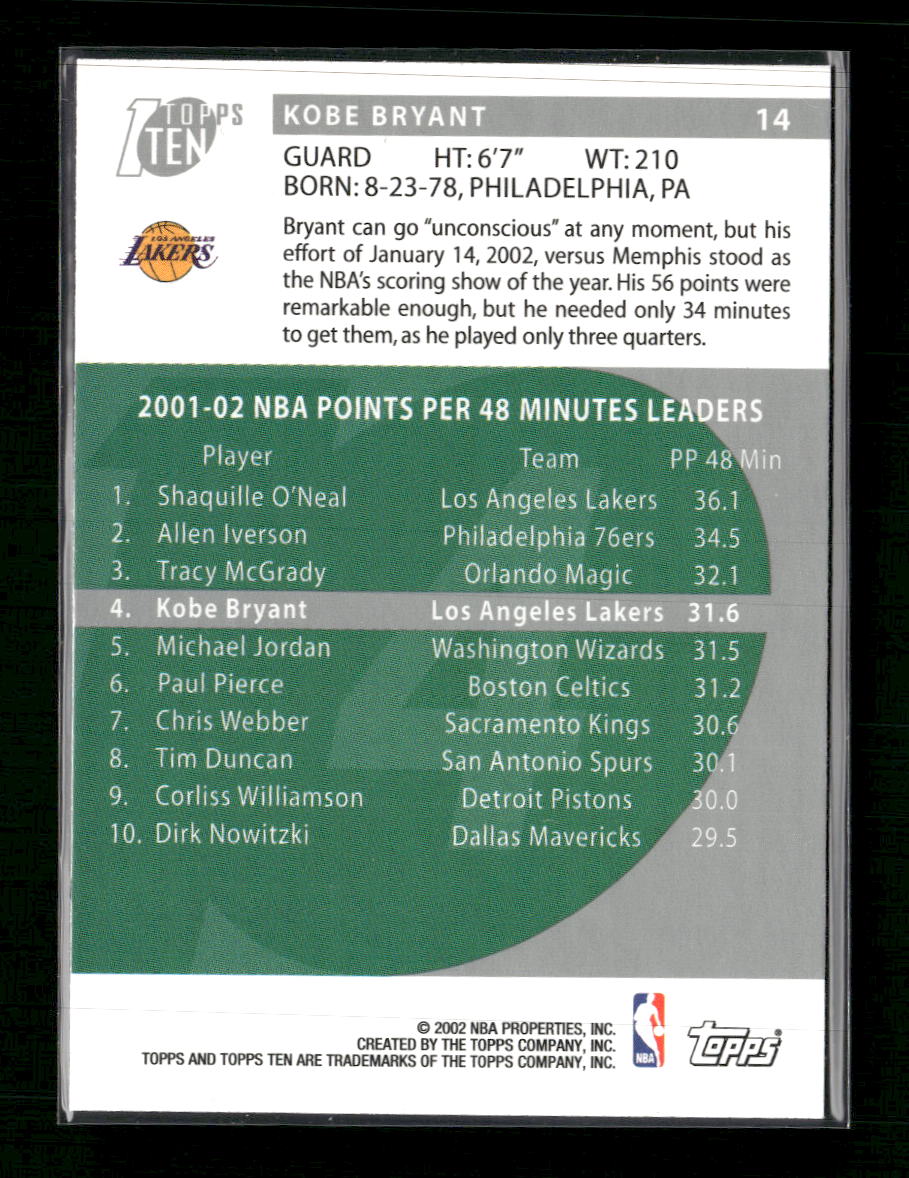 2002-03 Topps Ten Kobe Bryant #14
