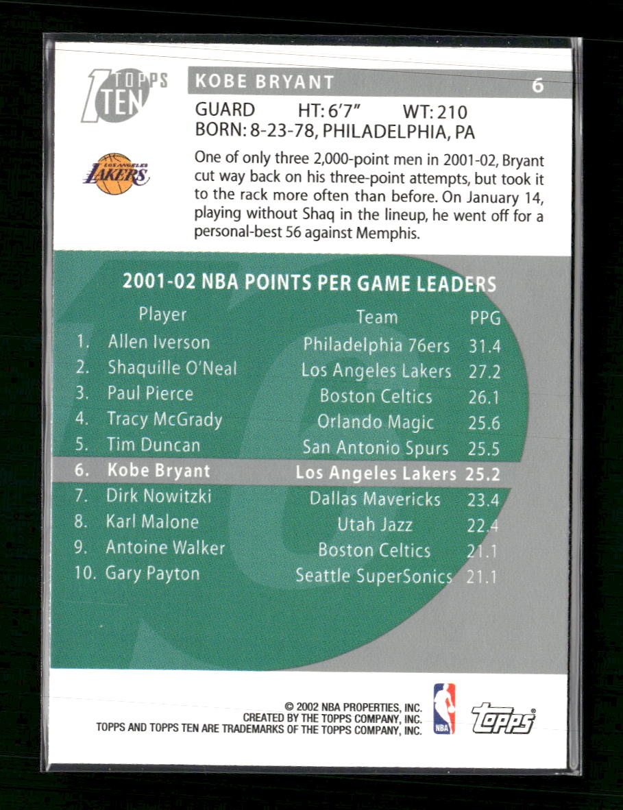 2002-03 Topps Ten Kobe Bryant #6