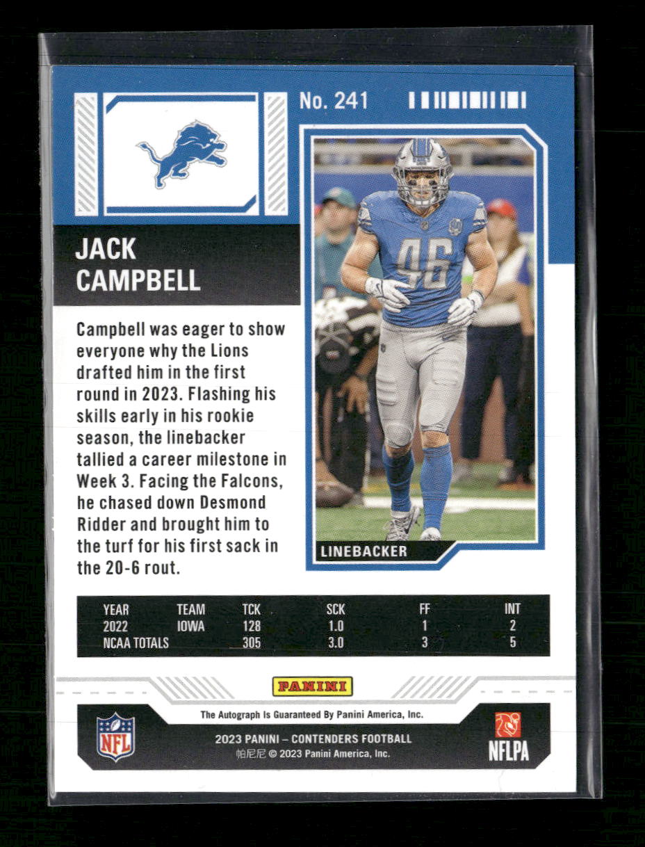 2023 Panini Contenders Kickoff Green Laser Ticket Jack Campbell RC AU #241
