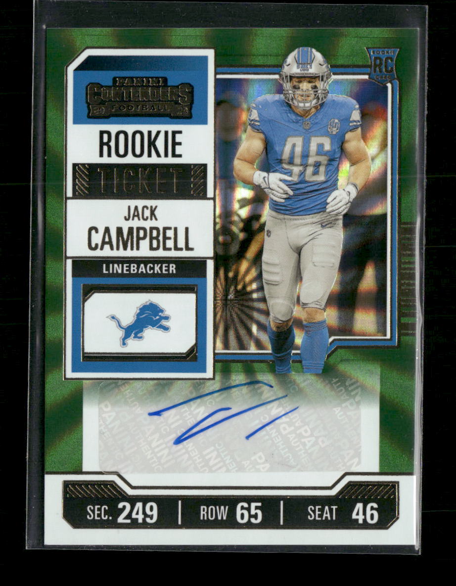 2023 Panini Contenders Kickoff Green Laser Ticket Jack Campbell RC AU #241