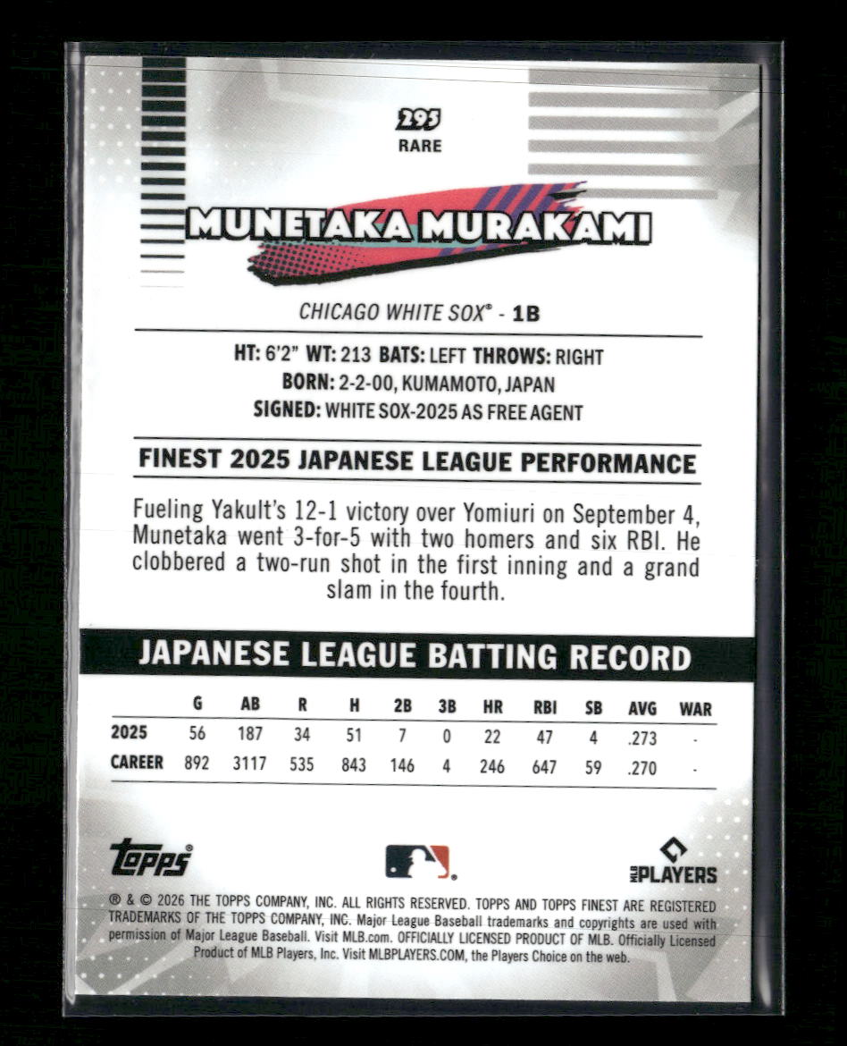 2026 Topps Finest Mini-Diamond Aqua #/199 Munetaka Murakami #295