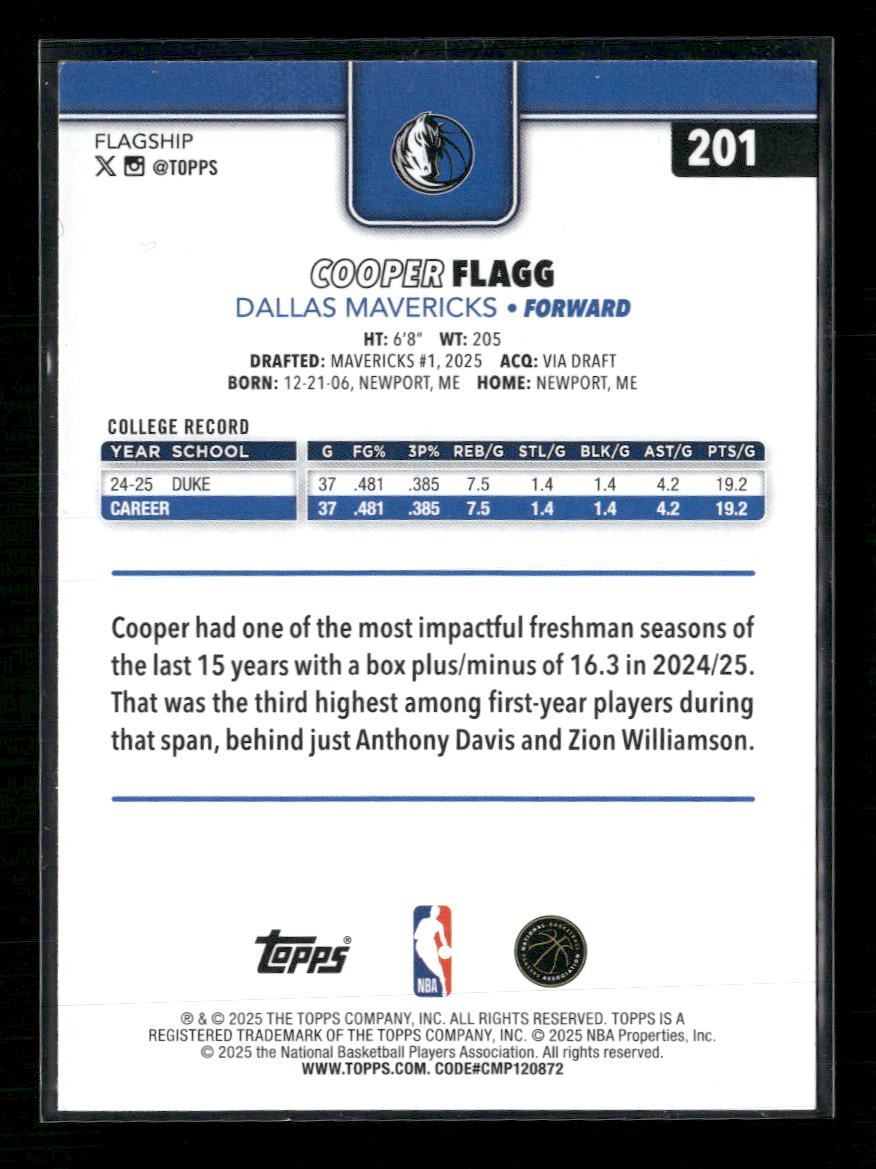 2025-26 Topps Season Tip Off Cooper Flagg RC #201
