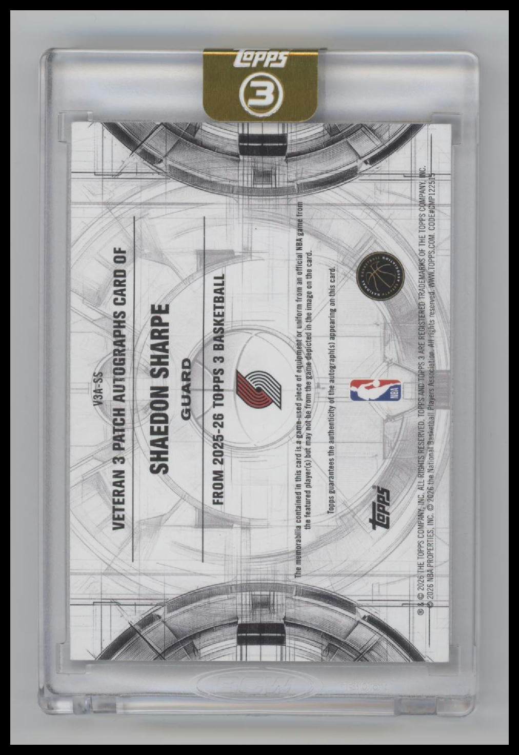 2025-26 Topps 3 Veteran 3 Patch Bronze Shaedon Sharpe #/25 Auto #V3A-SS Encased