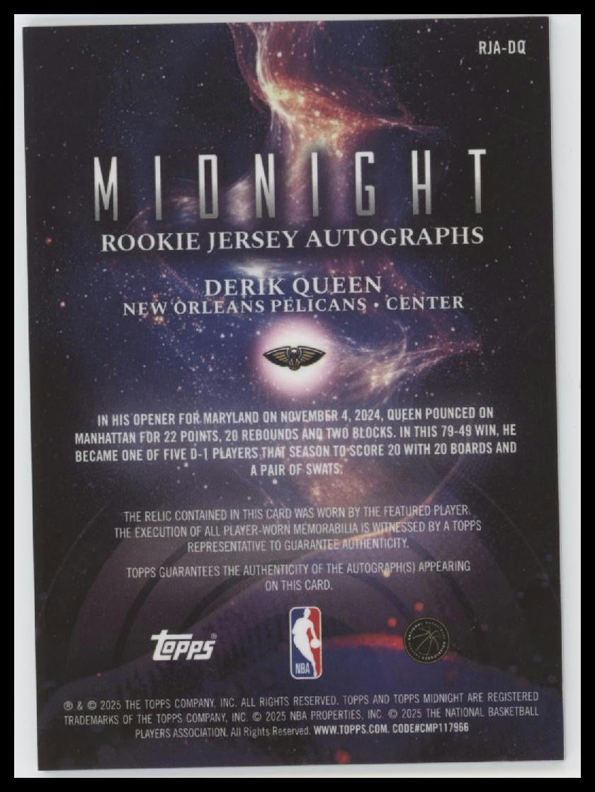 2025-26 Topps Midnight Rookie Jersey Autographs Dusk Derik Queen #/75 AU #RJA-DQ